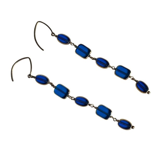 Long Blue Gold Dangle Earrings Clear Glass Ovals Rectangles Statement Elegant - Picture 6 of 6
